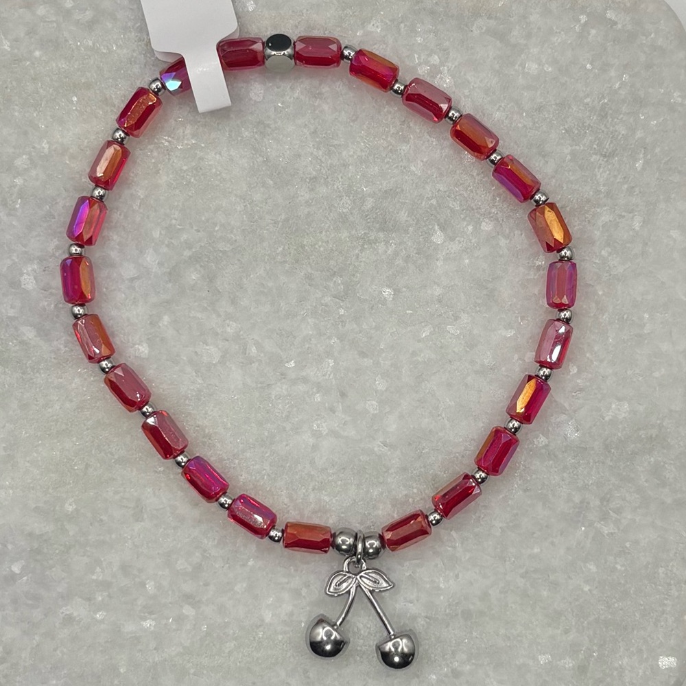 *ANKLET* Silver Cherries with AB Red Stretchy Anklet - Picture 3 of 7